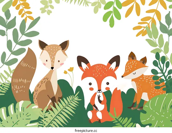 Cute Cartoon Foxes In Forest Background