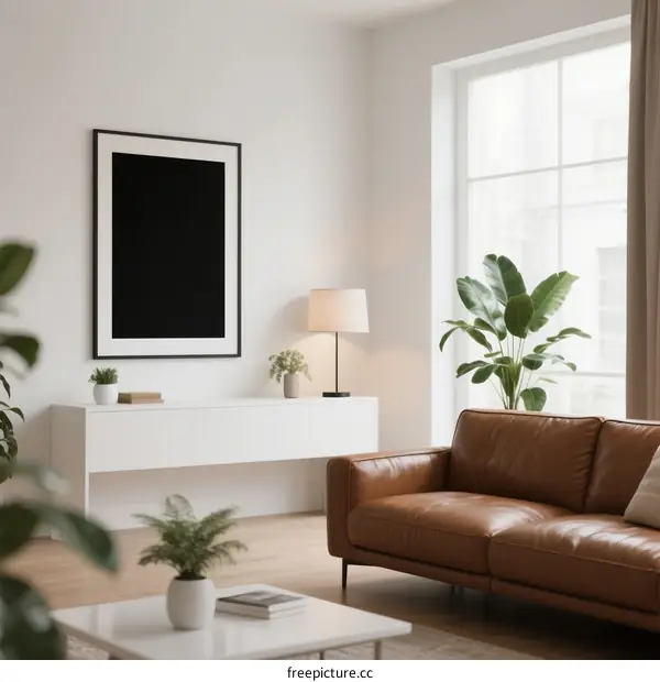 Modern living room with leather sofa and large window