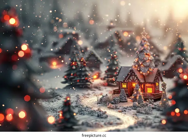 Snowy Christmas Village Scene with Cozy Homes