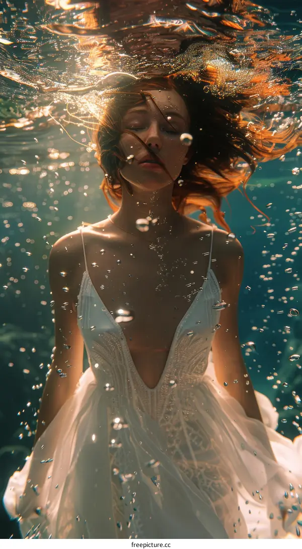 Serene Submersion: A Woman's Tranquil Dance in the Depths