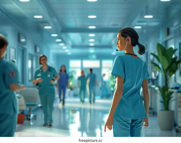 A female nurse is walking down a hospital hallway