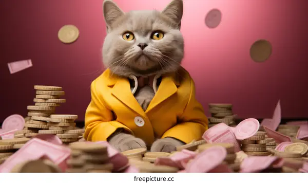 A cat wearing a suit and tie sits on a pile of money
