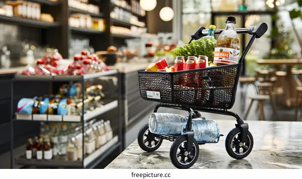 Small Shopping Cart Filled with Groceries in a Store
