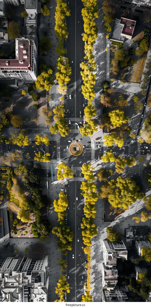 Aerial View of City Intersection with Trees and Cars