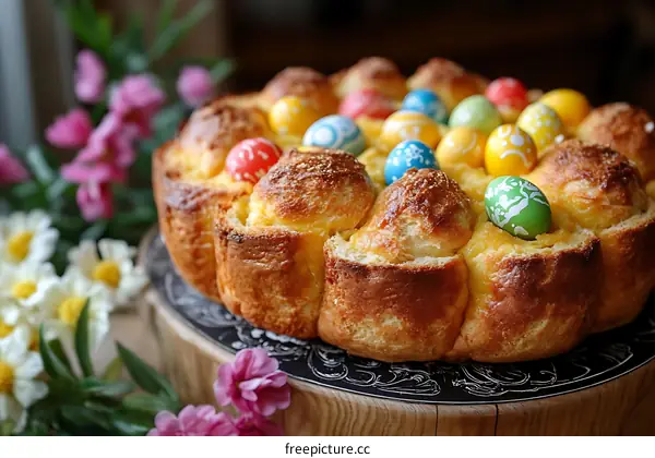 Colorful Easter Bread with Decorated Eggs