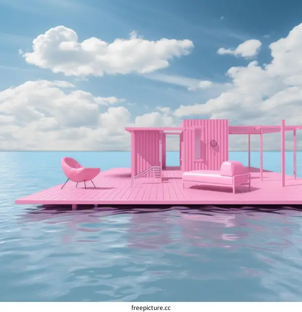 Pink floating house with pink lounge chair and pink daybed on the pink sea