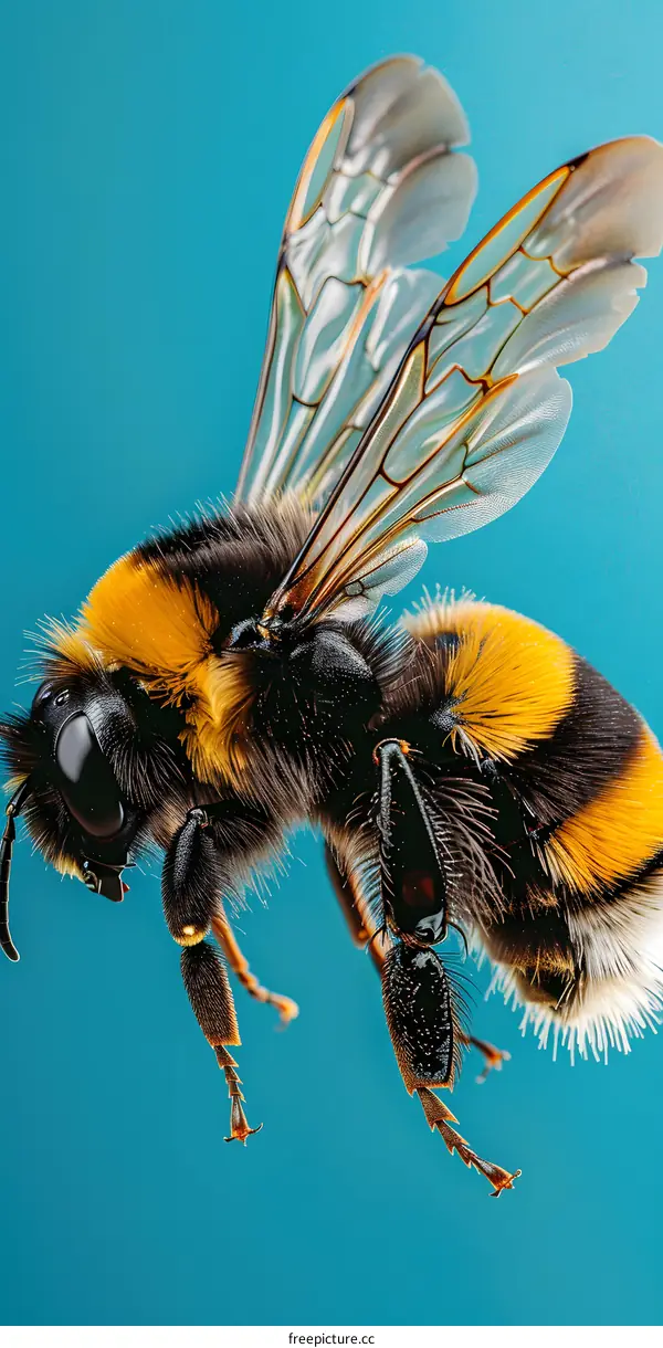 Bumblebee in Flight on Blue