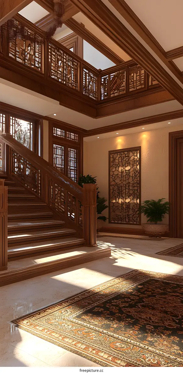 Wooden Staircase with Intricate Railings and Ornate Rug