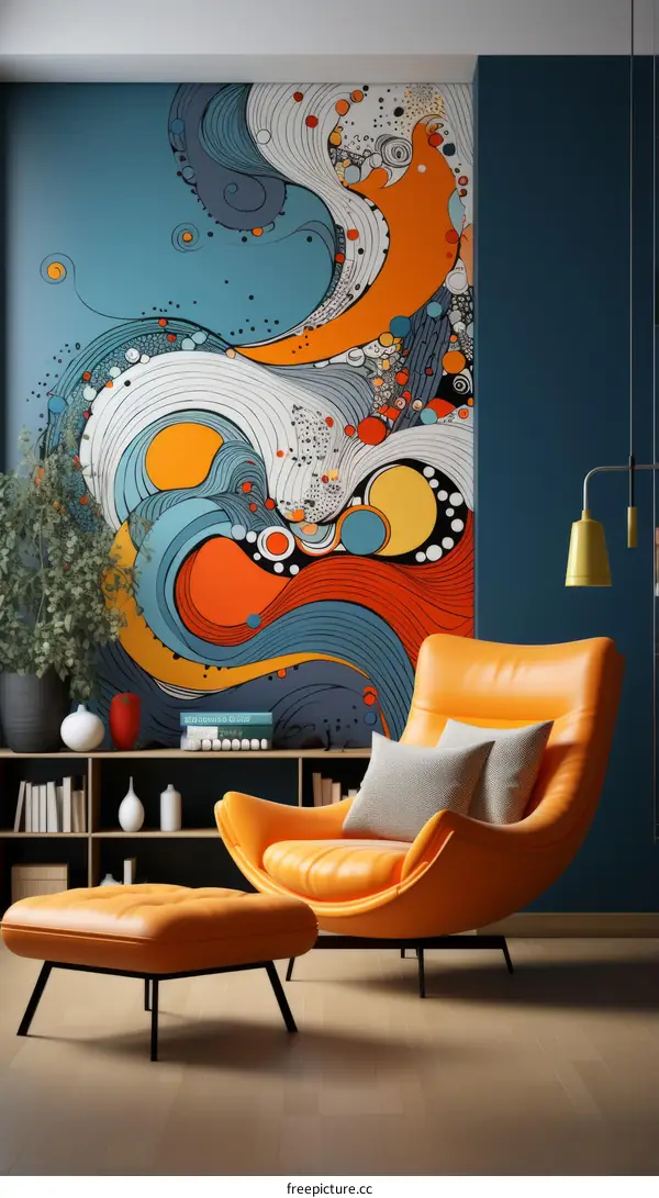 Blue and Orange Modern Abstract Painting with Retro Chair