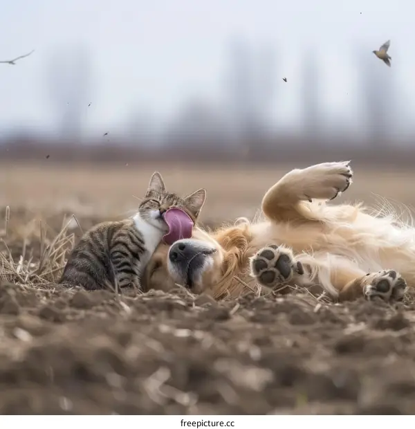 A tabby cat and a golden retriever dog lying on the ground together