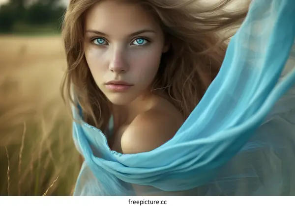 Portrait of a beautiful young woman with long blond hair and blue eyes wearing a blue scarf