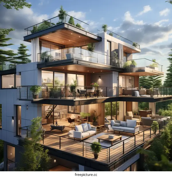 A Modern Three-Story House with a Large Balcony and a Stunning View