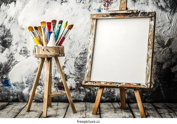 Empty Canvas on Wooden Easel with Paintbrushes
