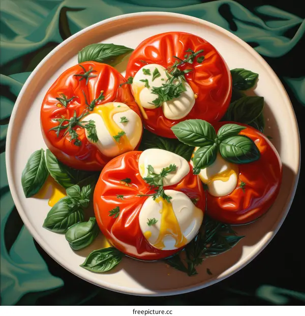 Four stuffed tomatoes with basil on a plate