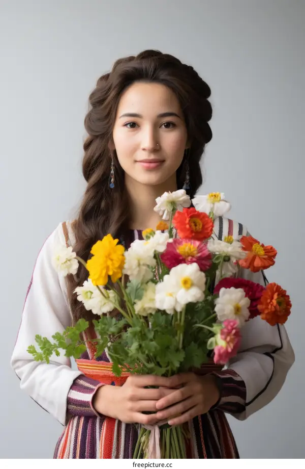 Portrait of a young woman in a traditional dress holding a bouquet of flowers