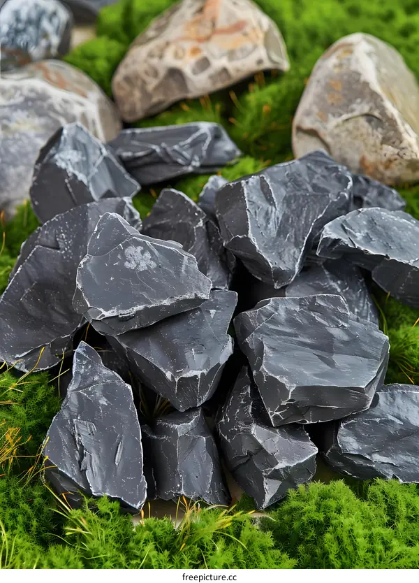 Black Rocks on Green Moss Background