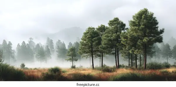 Misty Forest Landscape with Pine Trees
