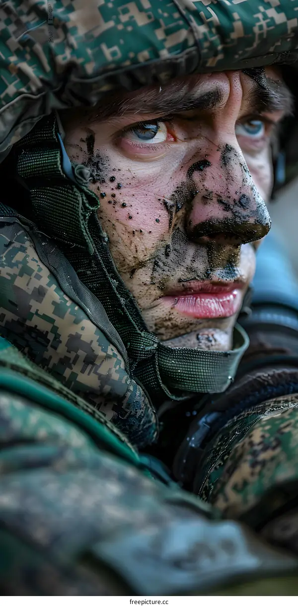 Portrait of a soldier with mud on his face