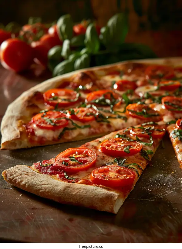 Close-up of a delicious pizza with fresh tomatoes and basil