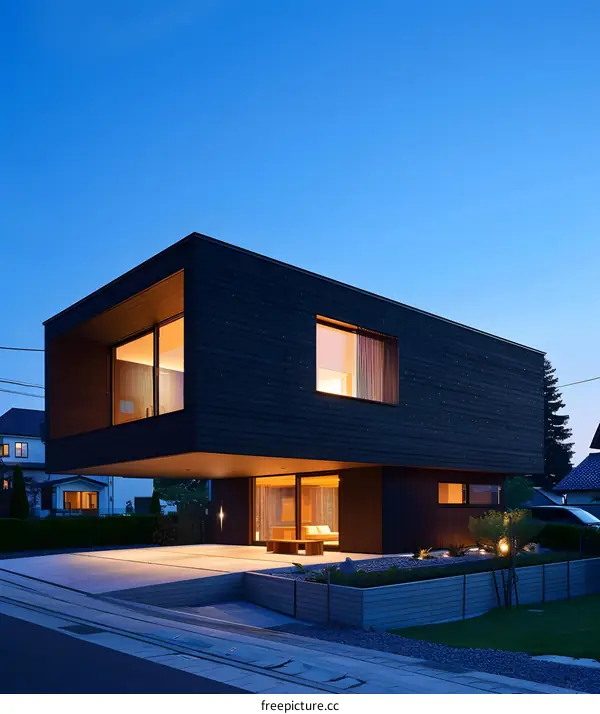 Modern Black House With Wooden Siding at Night