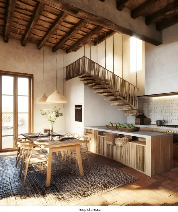 Rustic Interior Design With Wooden Staircase And Dining Table