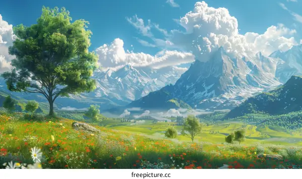 Enchanting Fantasy Landscape with Majestic Mountains and Vibrant Flowers