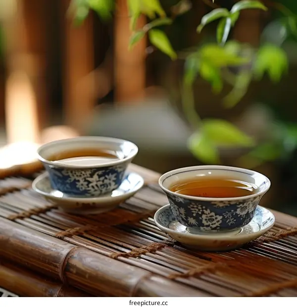 Two Chinese teacups on a bamboo table