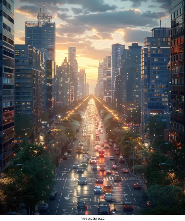 Urban Cityscape at Sunset with Traffic