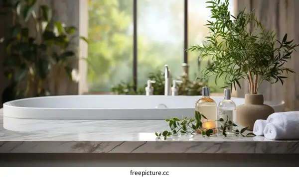 Bathroom interior with a bathtub, plants, and a candle