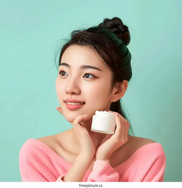 Beautiful Asian Woman Holding Skincare Cream