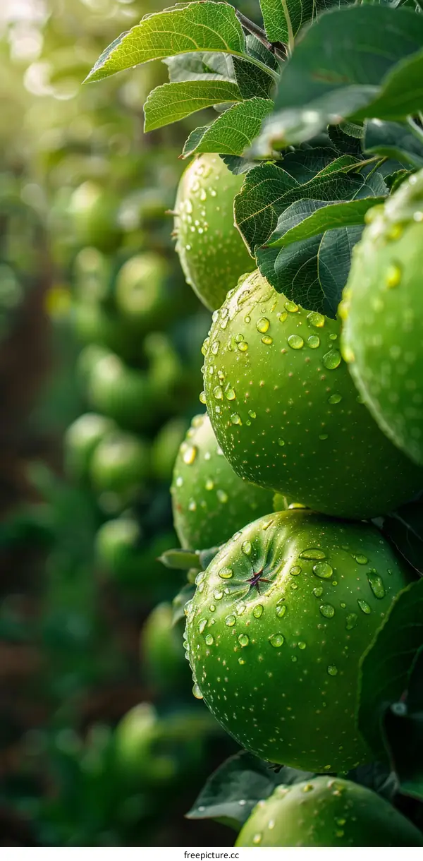 Scrumptious Granny Smith Apples Glistening with Morning Dew