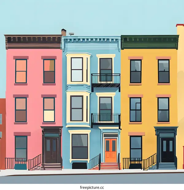Three Colorful Townhouses with Balconies