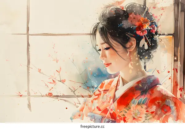 A beautiful Japanese woman in a red kimono with cherry blossoms