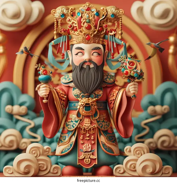 Chinese God of Fortune, Cai Shen, holding a golden ingot and a如意