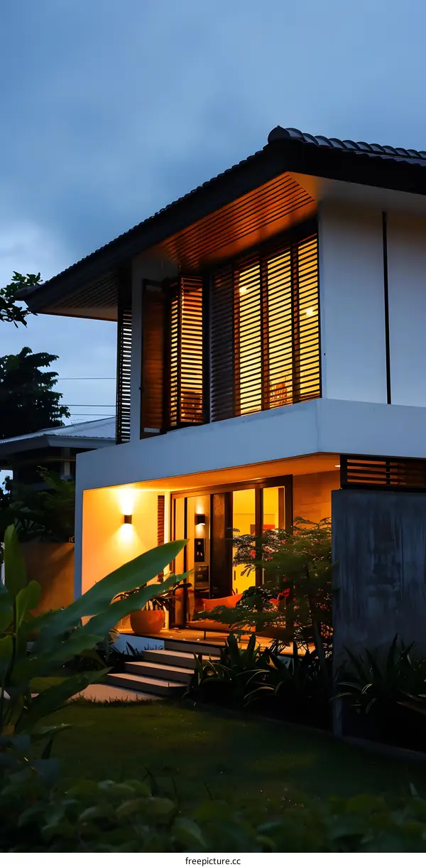 Modern House with Wooden Blinds and Warm Lights