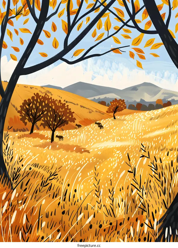 Autumn Landscape with Golden Trees and Hills