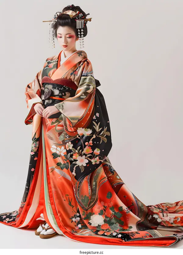 A Japanese woman wearing a traditional kimono