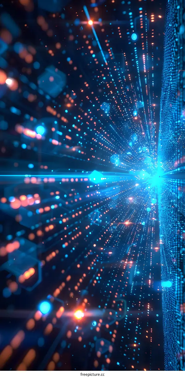 Blue and orange glowing particles form a digital tunnel.