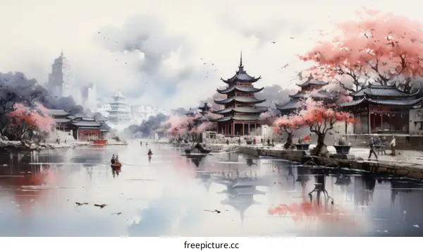 A Chinese ink painting of a river town with cherry blossoms