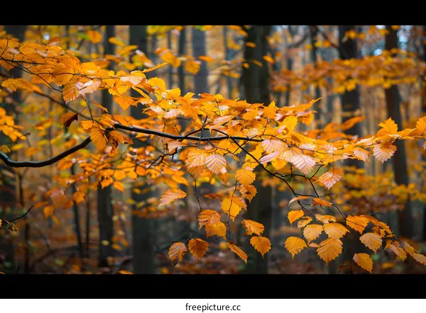 Autumn Leaves on a Branch in the Forest
