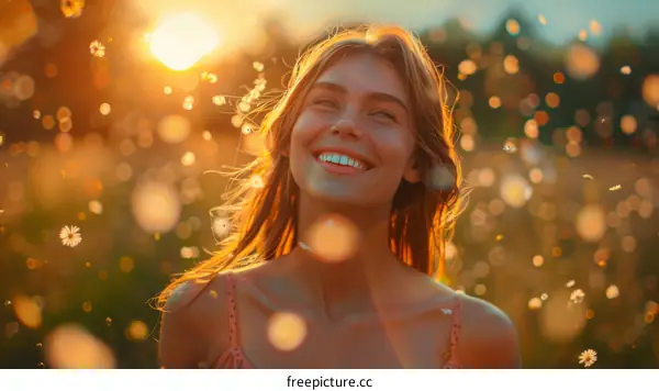 Happy Woman in a Sunny Field with Dandelions
