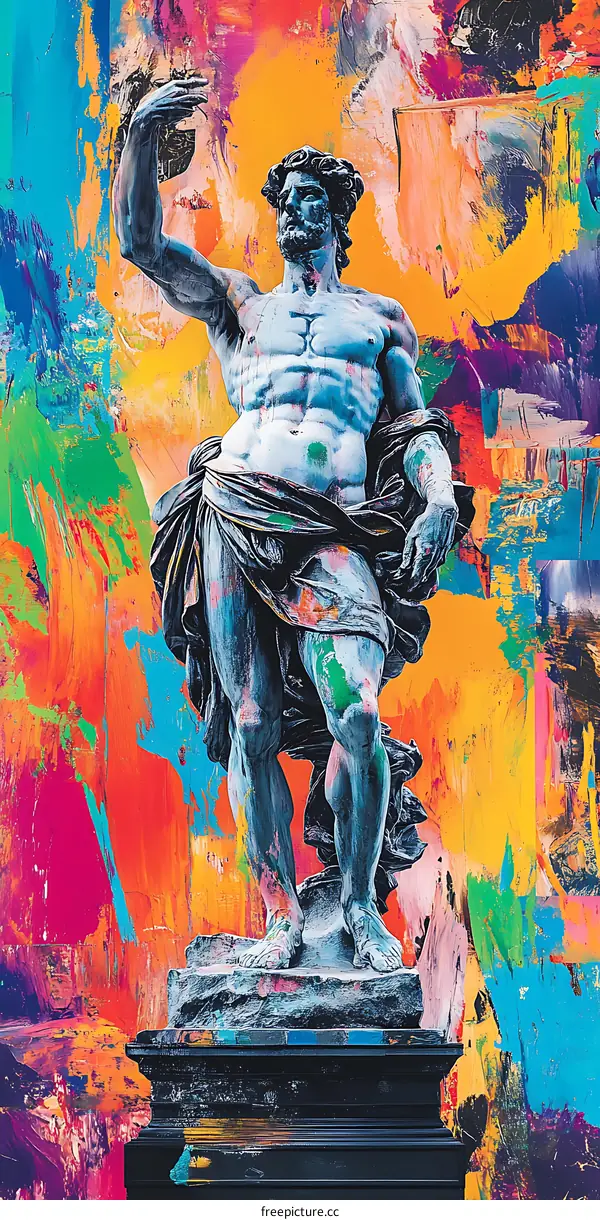 Abstract Painting of a Statue with Colorful Strokes
