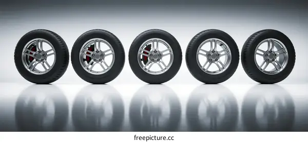 Set of five modern car wheels with reflective surfaces and sleek designs