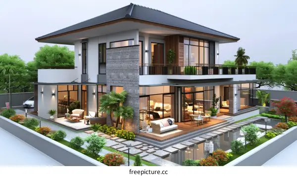 Modern Luxury Villa Exterior Featuring Courtyard, Lush Gardens, and Terrace