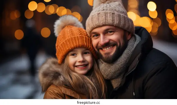 Father and daughter in winter clothes