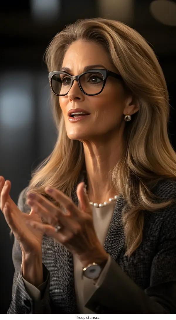 Business Woman in a Blazer, Looking Up and Talking