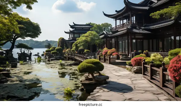 chinese traditional courtyard house with lake and garden