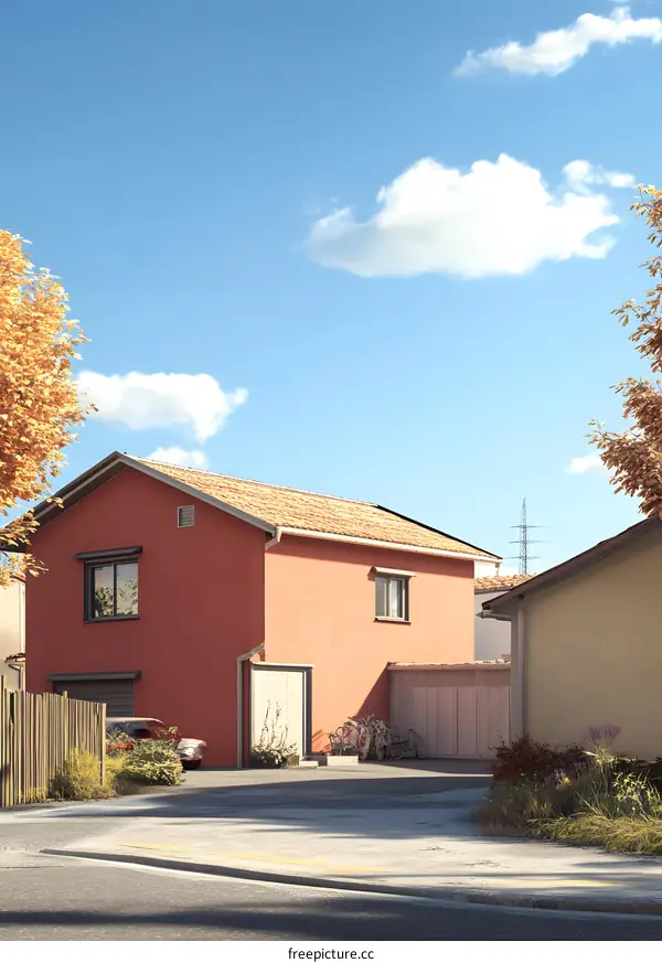 Suburban House with Red Walls and a Wooden Garage Door