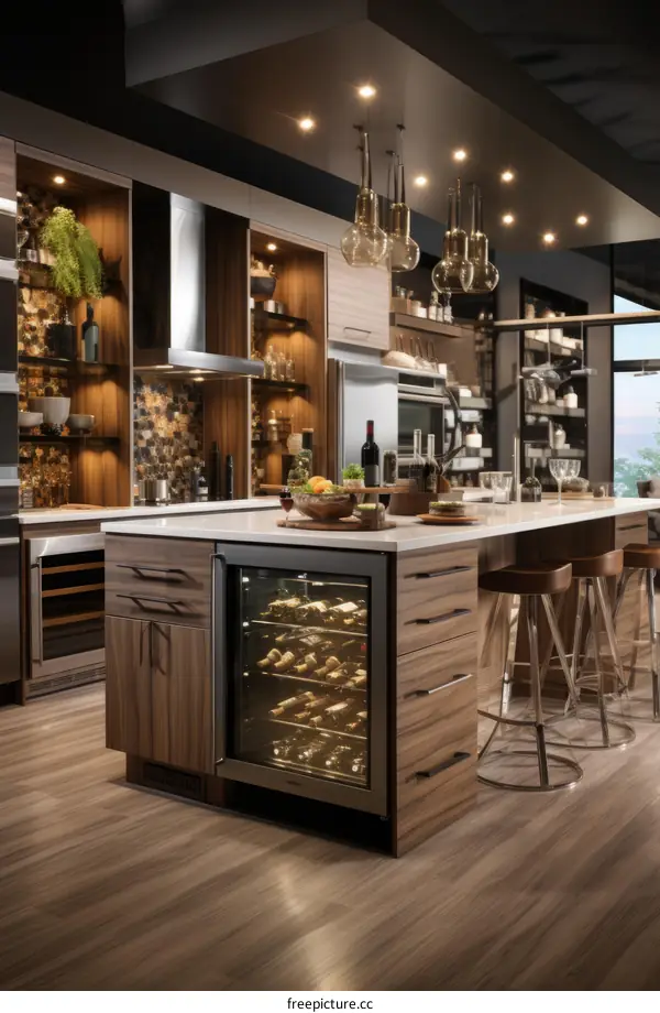 kitchen island with wine fridge