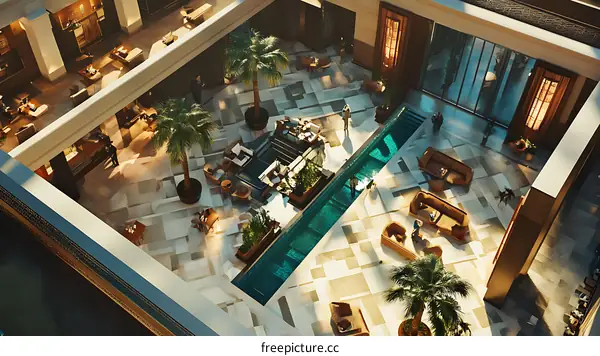 Luxury Hotel Lobby with Pool and Palm Trees